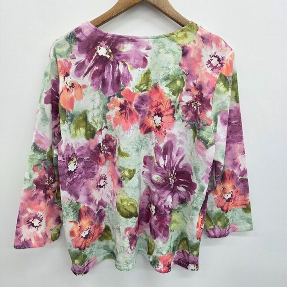 Womens Knit Top XL Floral Embellished 3/4 Sleeve V-Neck Boho Fairy Whimsical - Picture 3 of 12